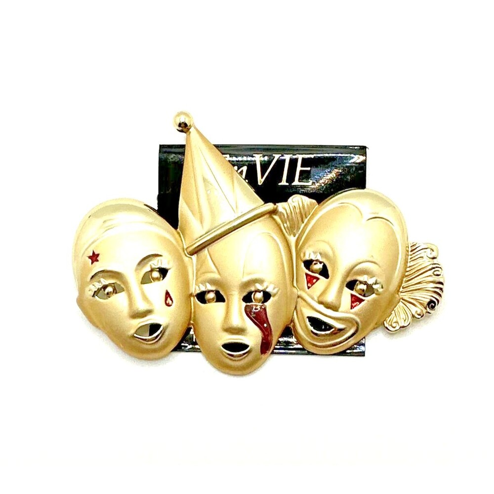 NWT Vintage EnVIE Circus Clowns Brooch 1980s Satin Gold Tone NOS Statement 3.5”